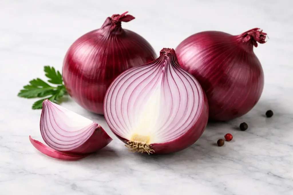 Fresh red onion cut in half showing purple layers