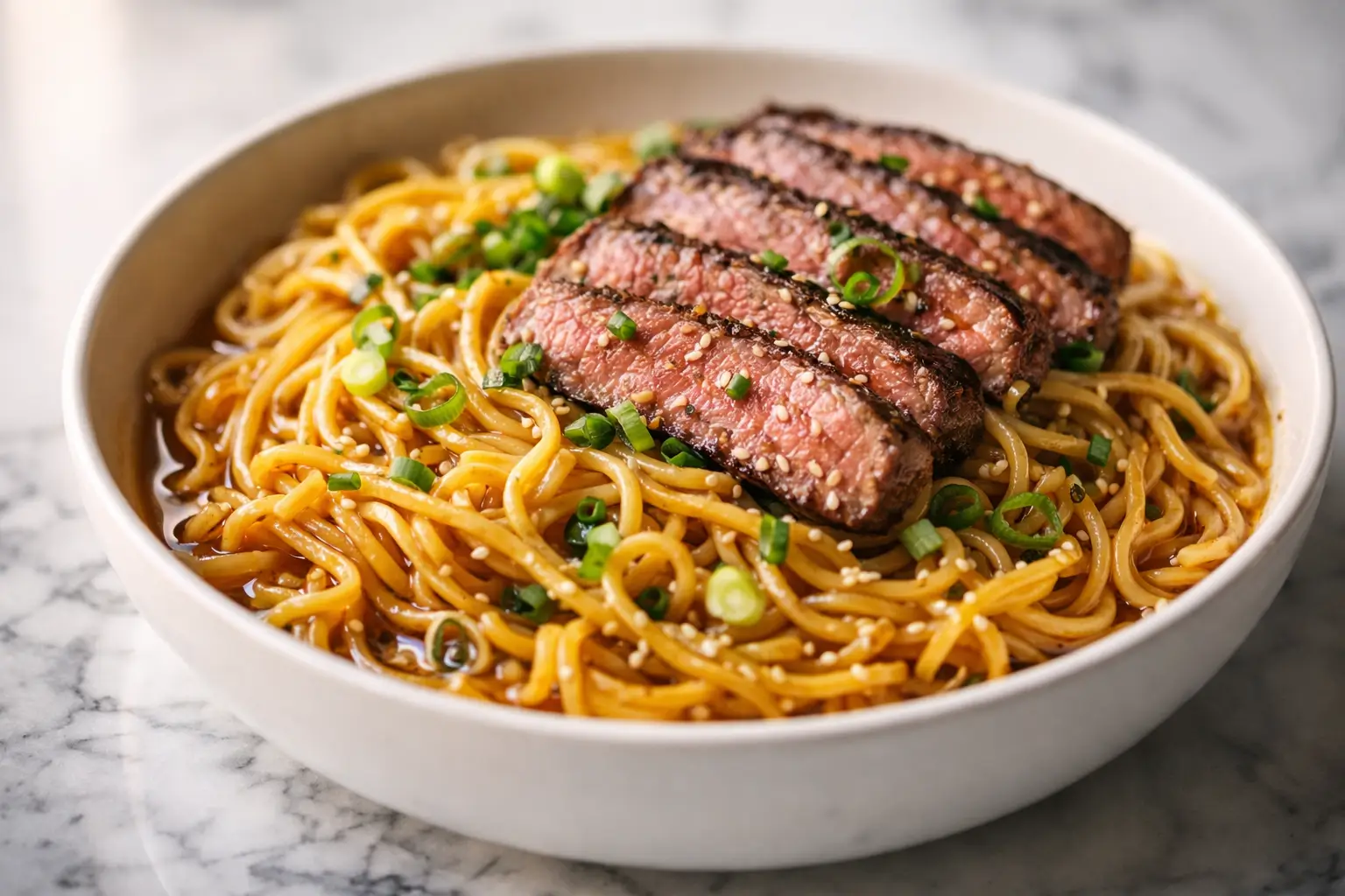 Garlic butter steak lightning noodles in a white bowl with juicy medium-rare steak slices and glossy sauce