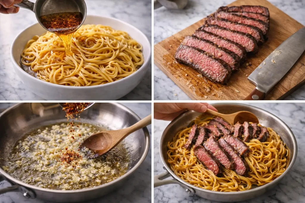 Step by step garlic butter steak noodles preparation cooking steak slicing and mixing noodles