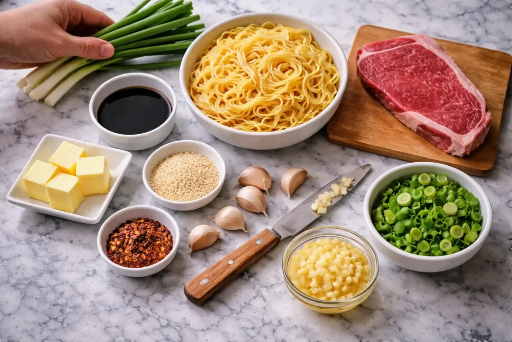Ingredients for garlic butter steak noodles including raw steak noodles garlic butter soy sauce and green onions