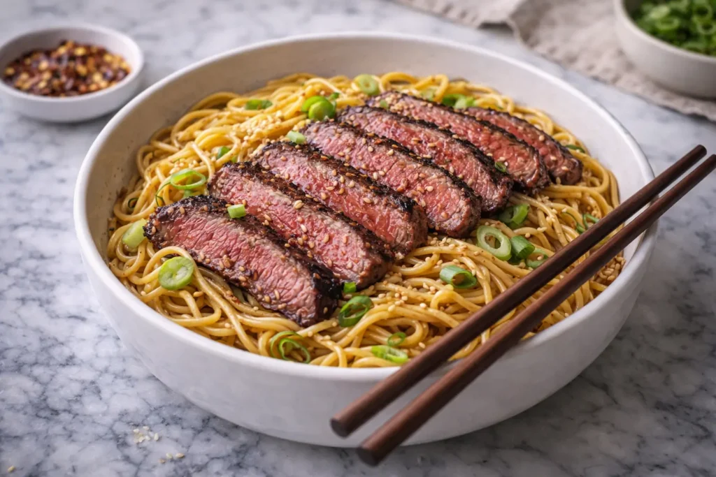 Garlic butter steak noodles served in a bowl with chopsticks sesame seeds and green onions