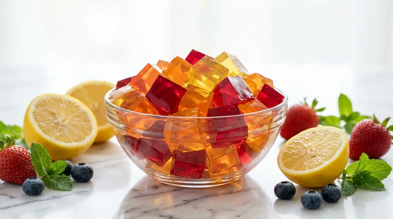 gelatin weight loss recipe reese witherspoon colorful jelly cubes in glass bowl with strawberries and lemon