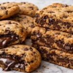 Stack of chocolate chip cookie bars and stuffed cookies with melted chocolate center on marble surface