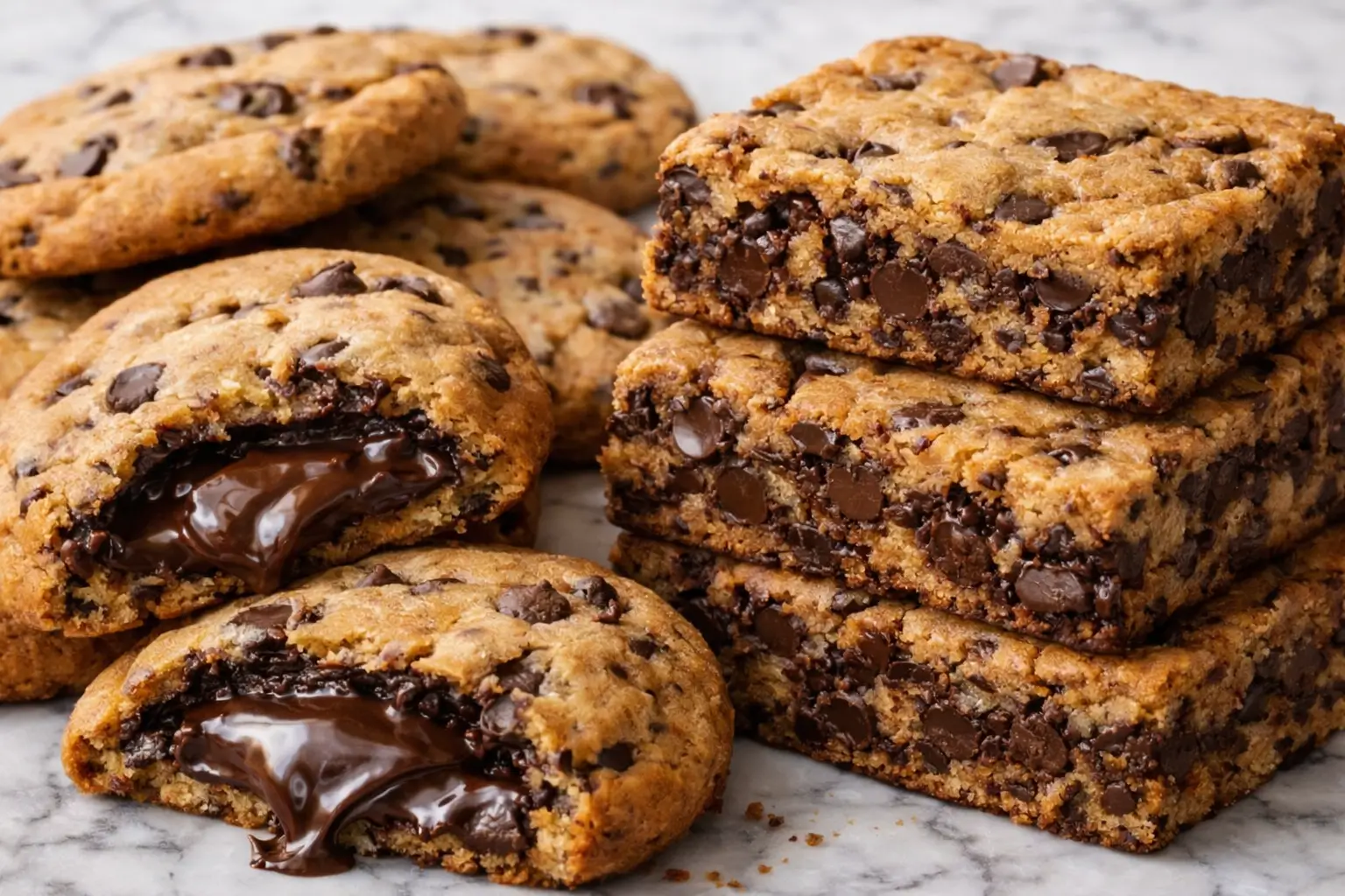 Stack of chocolate chip cookie bars and stuffed cookies with melted chocolate center on marble surface