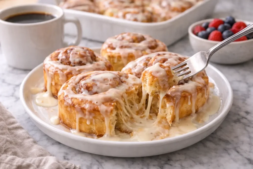 gooey cinnamon roll served on plate with icing and coffee