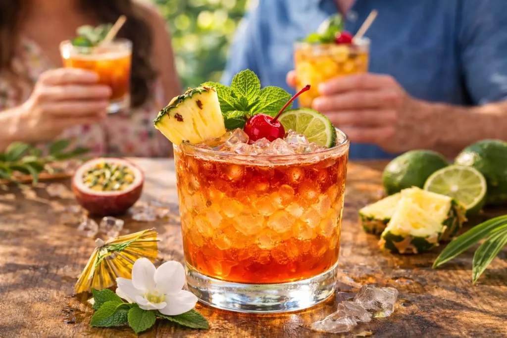 Tropical Mai Tai mocktail served at a summer gathering with guests holding drinks in the background