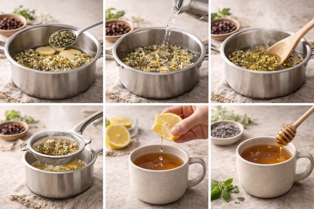 Step by step herbal tea preparation with chamomile ginger and lemon