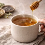 Warm herbal tea with chamomile and honey in a cozy setting