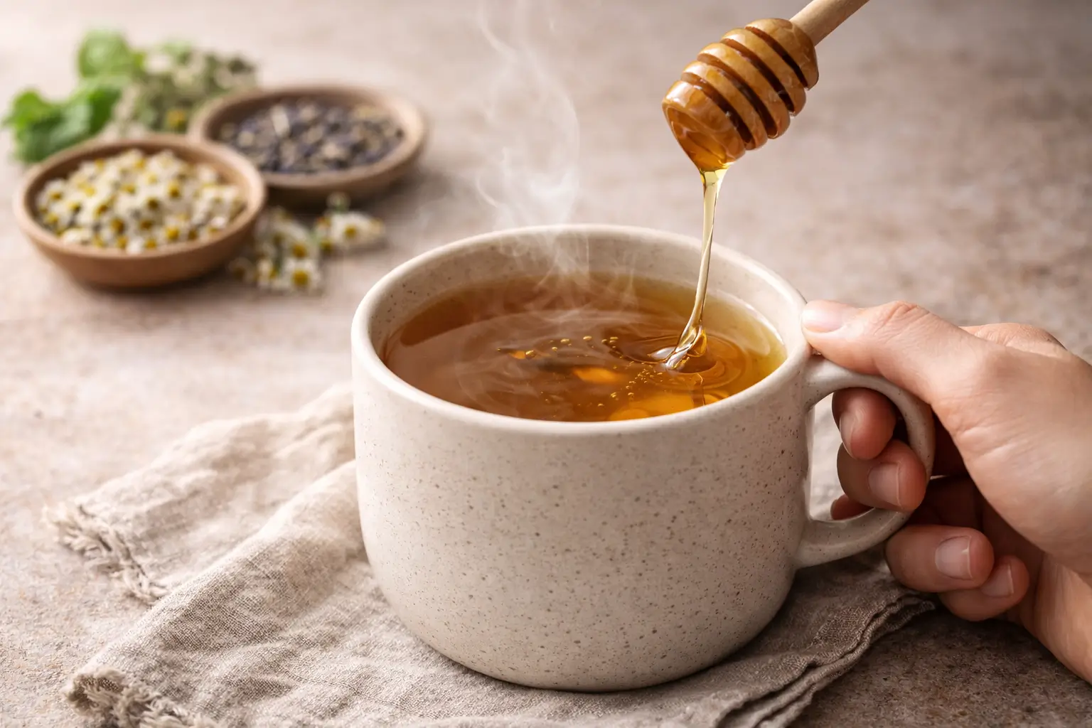 Warm herbal tea with chamomile and honey in a cozy setting