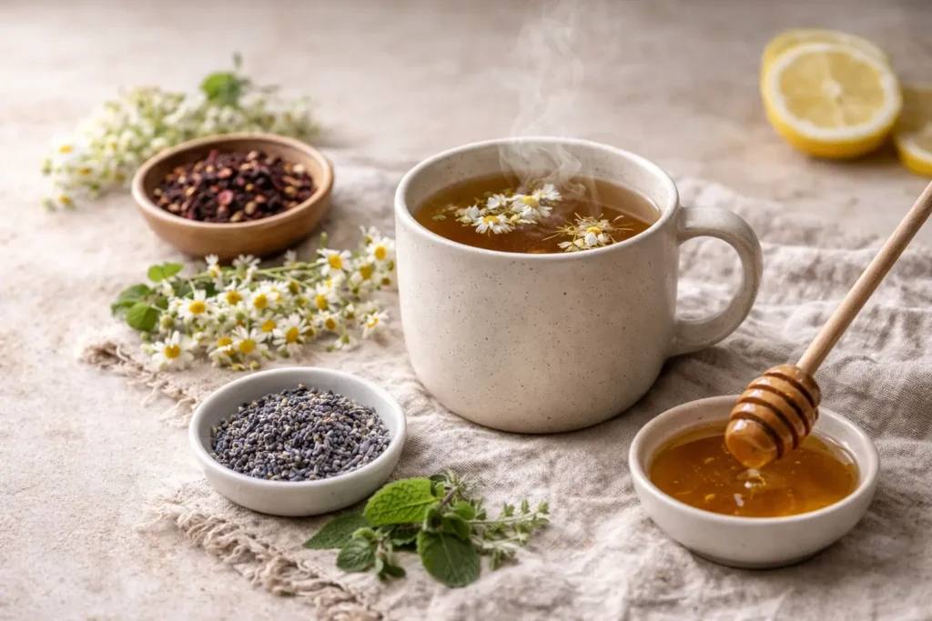 Pouring honey into a warm cup of herbal tea for a cozy moment