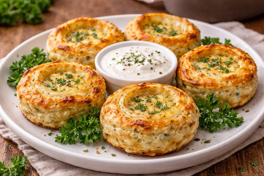 close up of baked cottage cheese onion ring muffin cups with crispy cheese edges on a white plate