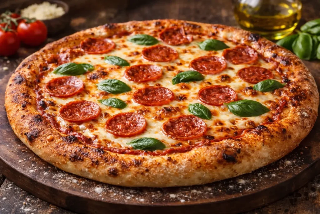 Whole pepperoni pizza with melted cheese crispy crust and fresh basil on wooden board