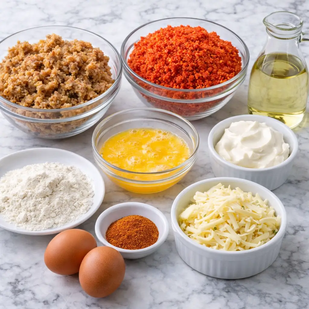 ingredients for hot cheeto boudin balls on marble countertop