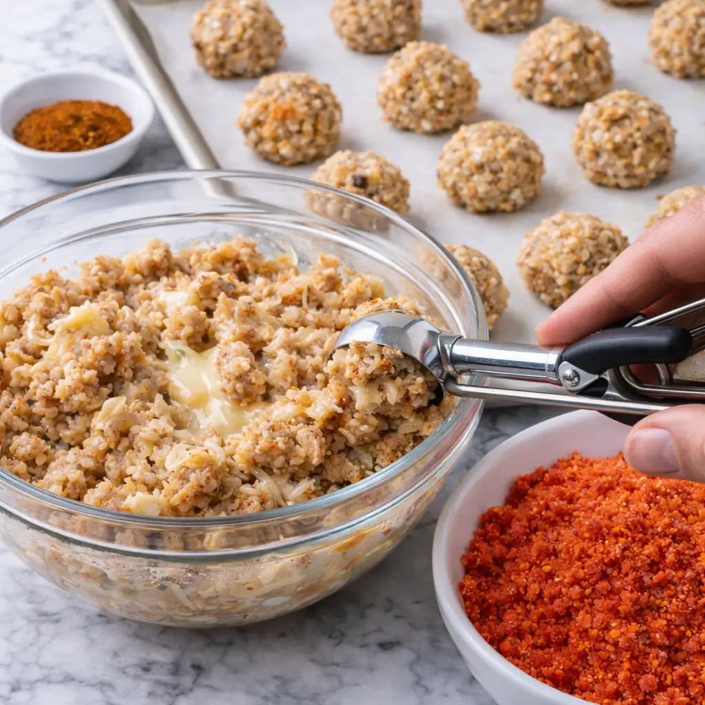 forming boudin balls mixture for hot cheeto boudin balls recipe