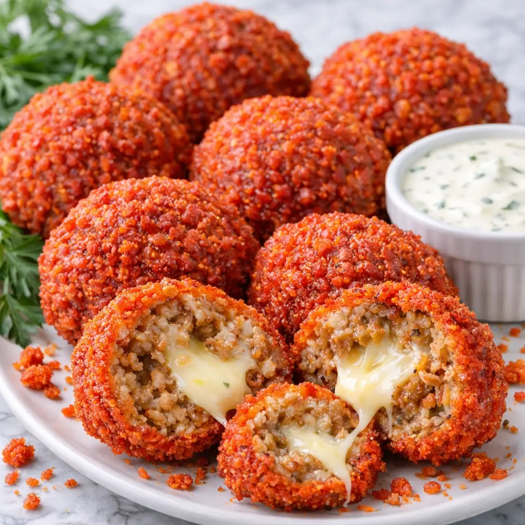 served hot cheeto boudin balls with dipping sauce
