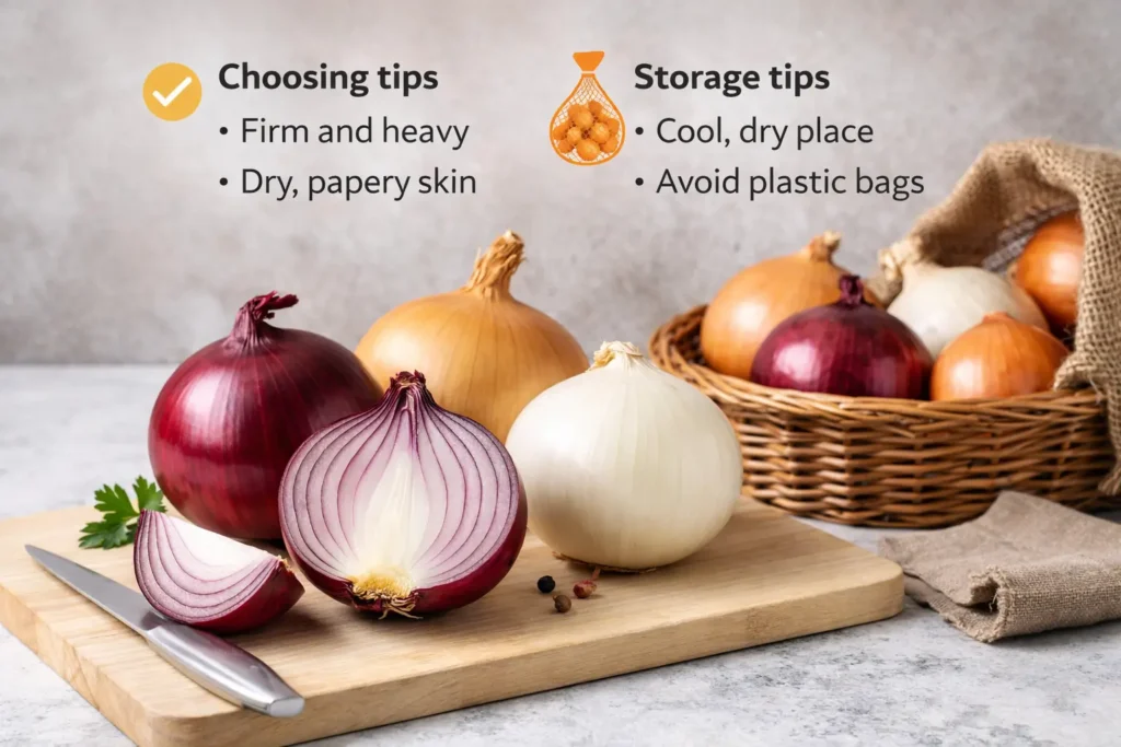 Red, yellow and white onions with storage and selection tips