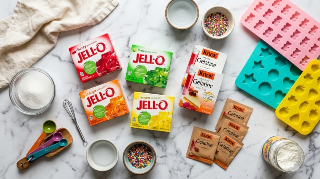 ingredients for jello candy recipe flavored and unflavored gelatin on marble