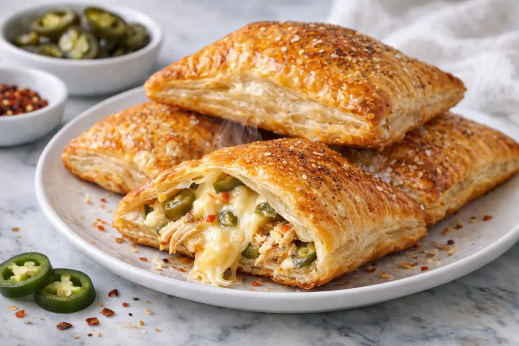 Golden flaky jalapeno chicken puff pastry pocket with melted cheese filling on white plate
