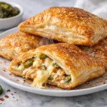 Golden flaky jalapeno chicken puff pastry pocket with melted cheese filling on white plate