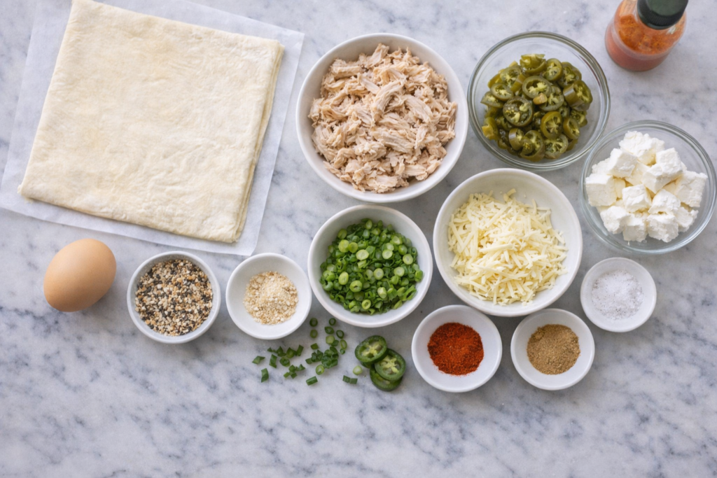 Ingredients for jalapeno chicken pocket including puff pastry chicken jalapenos cheese and spices