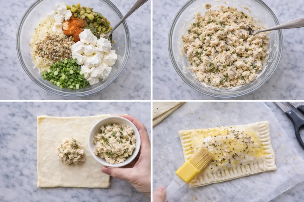 Step by step preparation of jalapeno chicken puff pastry pockets mixing filling assembling and sealing