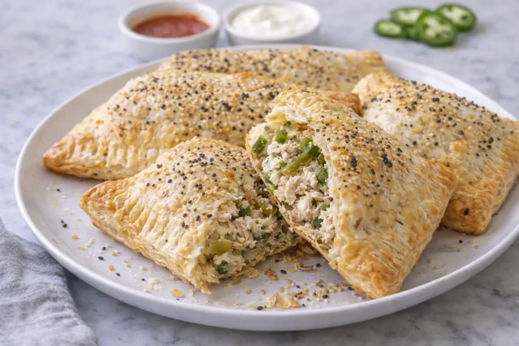 Served jalapeno chicken puff pastry pockets with dipping sauces on plate