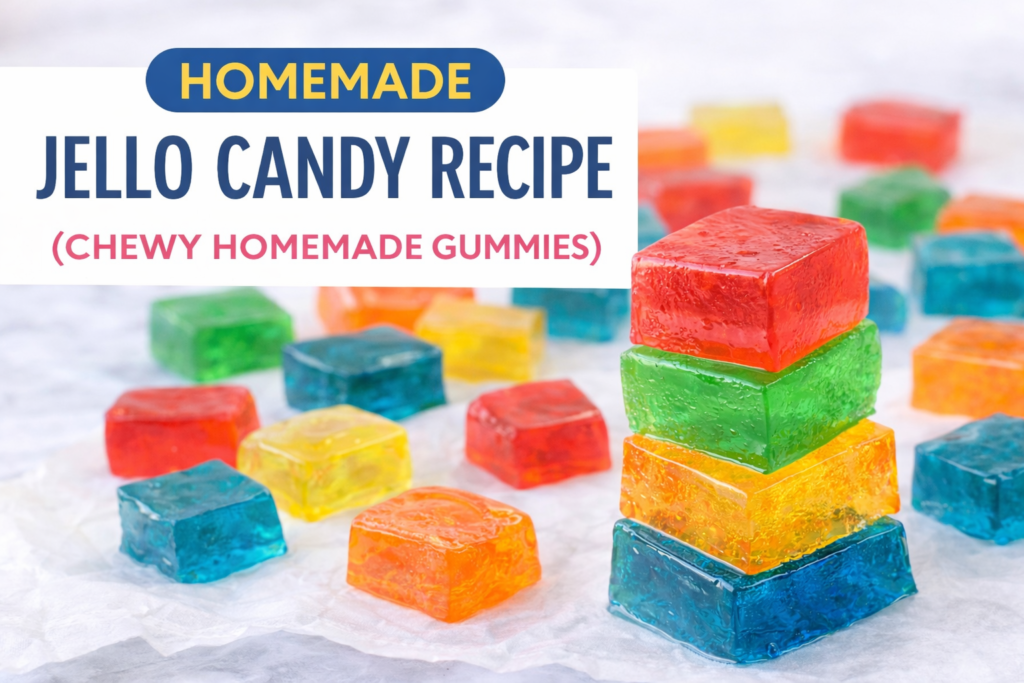 colorful homemade jello candy gummies stacked on parchment paper