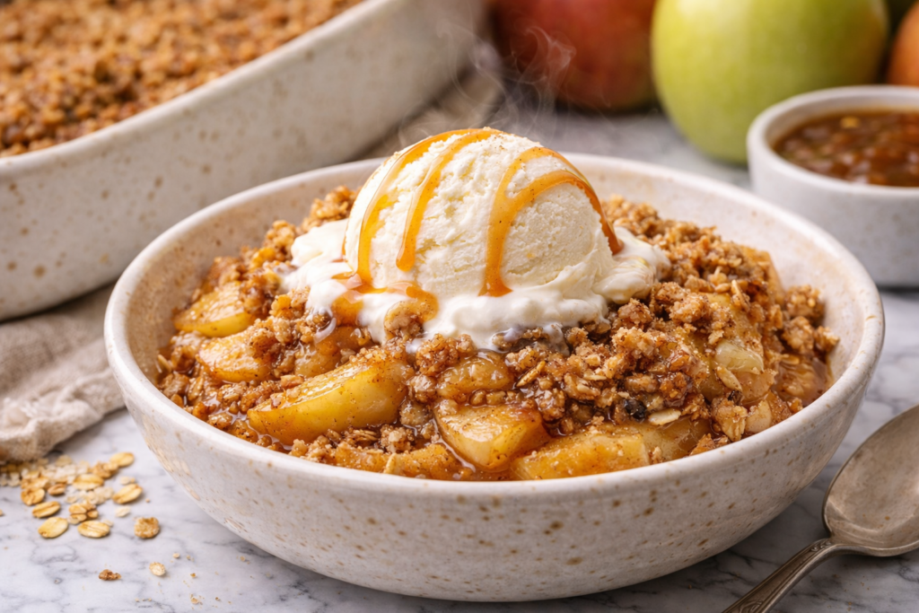 Joanna Gaines apple crisp served warm with vanilla ice cream and caramel sauce