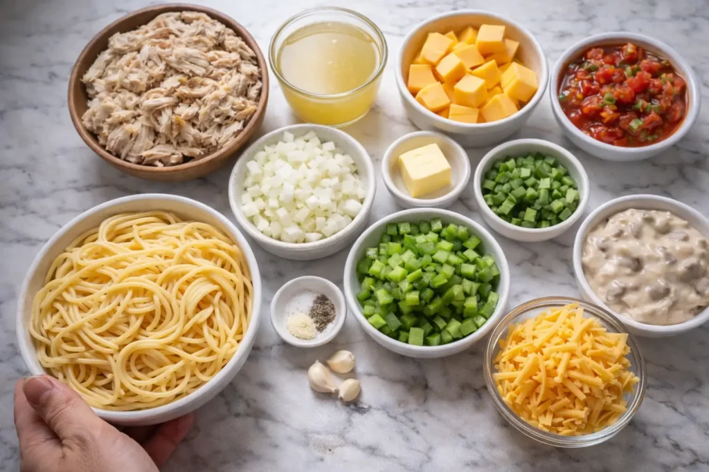 Ingredients for Joanna Gaines chicken spaghetti including chicken, spaghetti, Rotel tomatoes, Velveeta and cheddar cheese