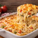Joanna Gaines chicken spaghetti recipe creamy cheesy baked casserole with shredded chicken and melted cheddar cheese
