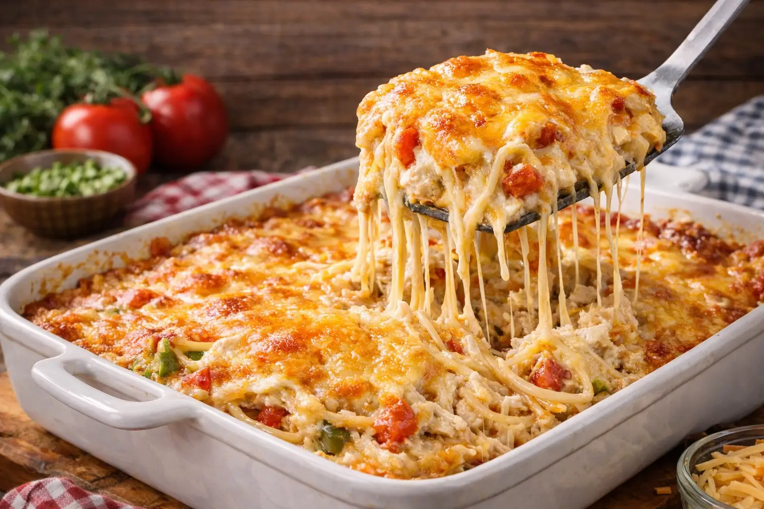 Joanna Gaines chicken spaghetti recipe creamy cheesy baked casserole with shredded chicken and melted cheddar cheese