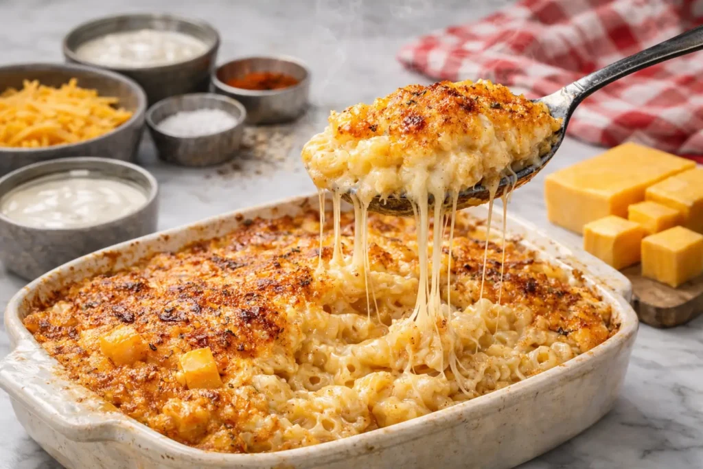 Kimmy's Kreations mac and cheese recipe with creamy baked cheddar cheese and golden crispy top