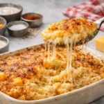 Kimmy's Kreations mac and cheese recipe with creamy baked cheddar cheese and golden crispy top