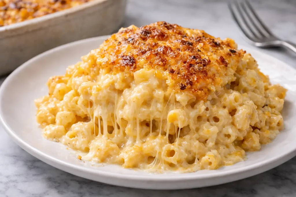 Serving of creamy baked mac and cheese with melted cheddar and crispy top