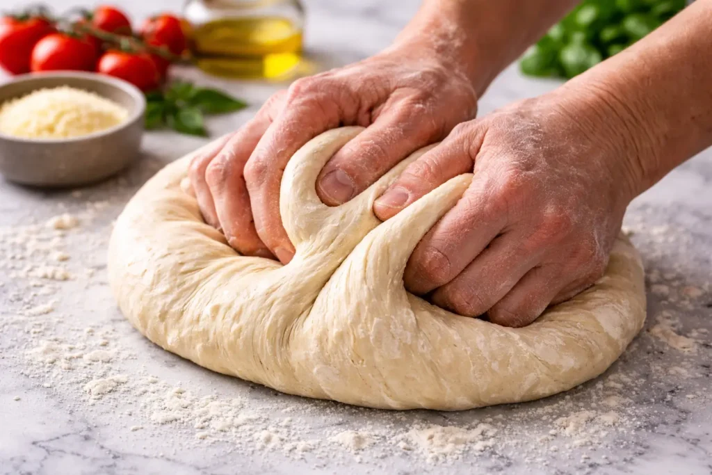 Hands kneading elastic pizza dough using traditional Italian folding technique on marble