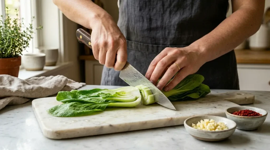 Preparing Korean bok choy on white marble cutting board with garlic and Korean seasonings