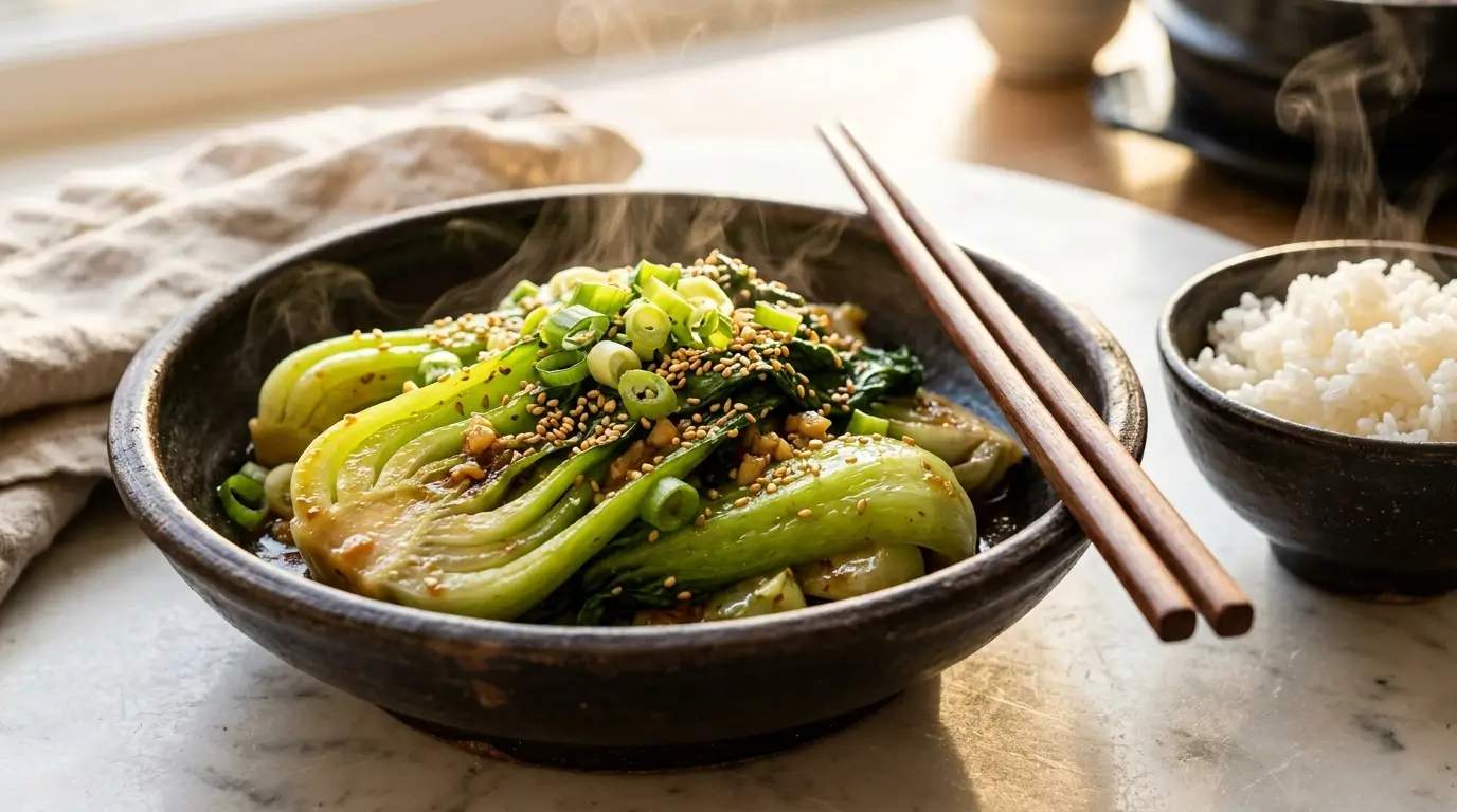 Korean bok choy recipes with sesame seeds garlic and gochugaru on white marble