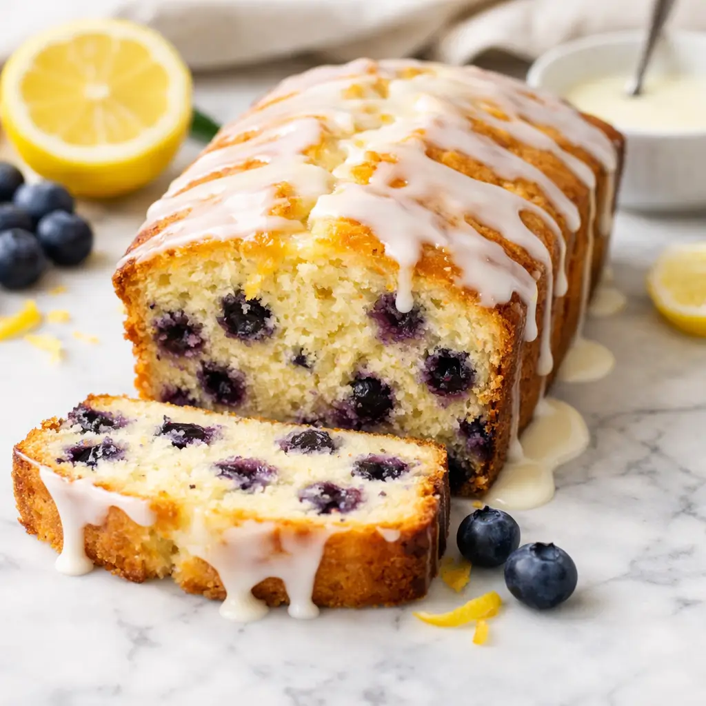 Ina Garten lemon blueberry bread with lemon glaze on white marble background