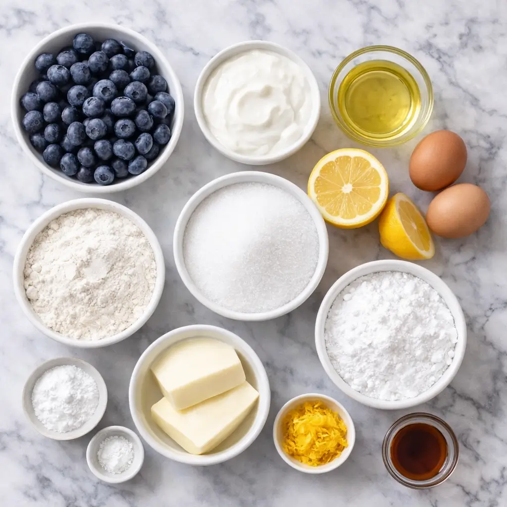 Ingredients for lemon blueberry bread in bowls on white marble surface