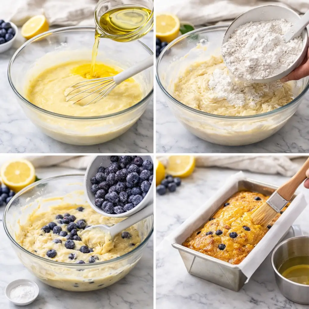 Step by step preparation of lemon blueberry bread batter and baking process
