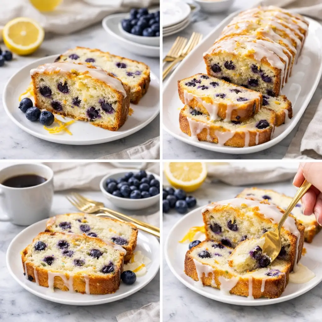 Slices of lemon blueberry bread served on plate with glaze and fresh blueberries