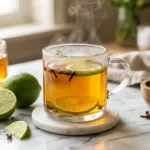 Lime and clove tea served in a clear glass mug on white marble with fresh limes and cloves