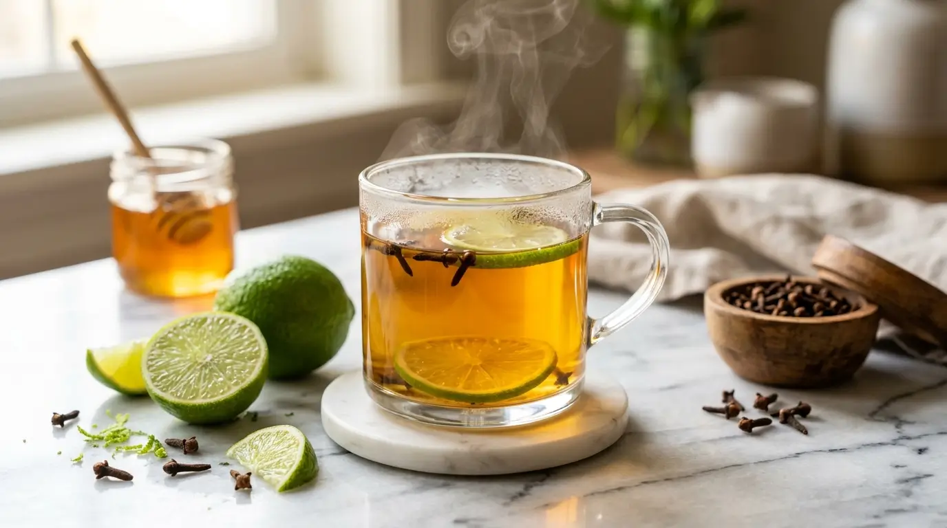 Lime and clove tea served in a clear glass mug on white marble with fresh limes and cloves