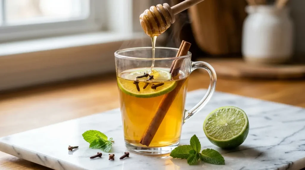 Lime and clove tea in a clear glass mug with honey drizzle, lime wheels and cloves on white marble