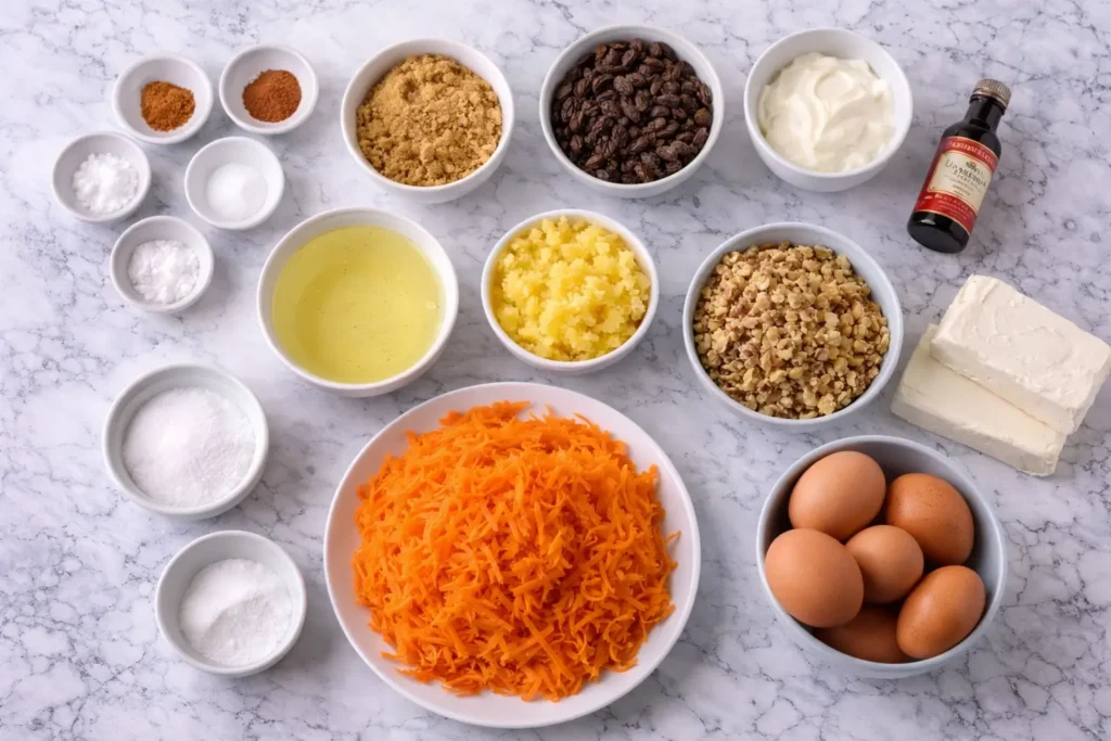 Ingredients for carrot cake including grated carrots, eggs, sugar, walnuts, pineapple and cream cheese