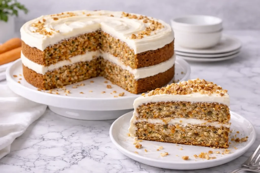 Moist Lloyd carrot cake slice with creamy cream cheese frosting on white marble surface