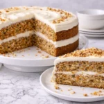 Moist Lloyd carrot cake slice with creamy cream cheese frosting on white marble surface