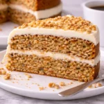 Slice of moist carrot cake with cream cheese frosting served with coffee on marble table