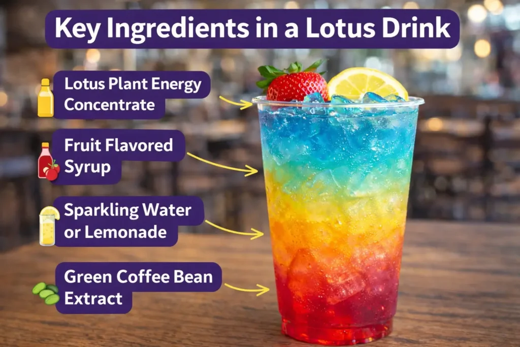 key ingredients in a lotus drink lotus plant energy concentrate fruit syrup sparkling water green coffee bean extract