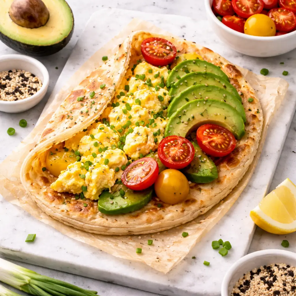 LQQM puff paratha chive onion flatbread wrap with scrambled eggs avocado and tomatoes